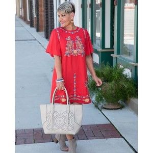 Entro Red Floral Embroidered Short Sleeve Dress Sz L Prairie Boho Bohemian Indie
